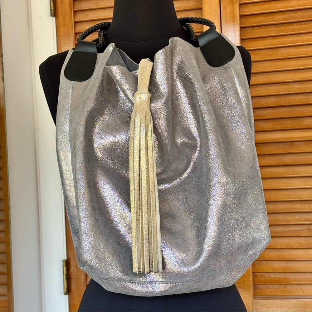 Italian Leather Hobo Shoulder Bag with Tassel